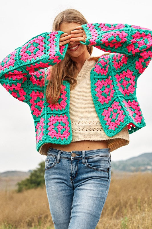 Floral Square Crochet  Cardigan